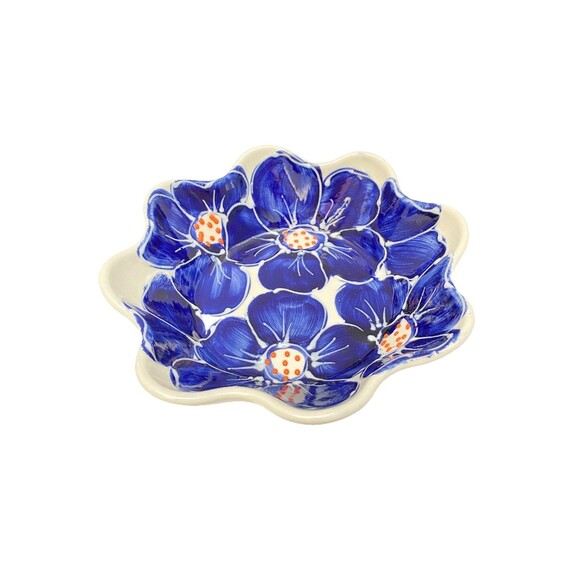 Vintage Ceramicas Anoru Spain Hand painted Floral Bowls Blue And White Snack Set - Picture 4 of 9